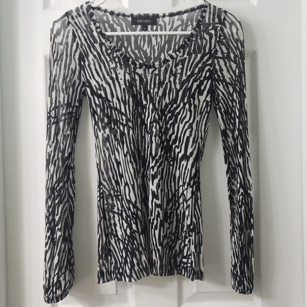 Mesh Animal Print Black and White Long Sleeved Top